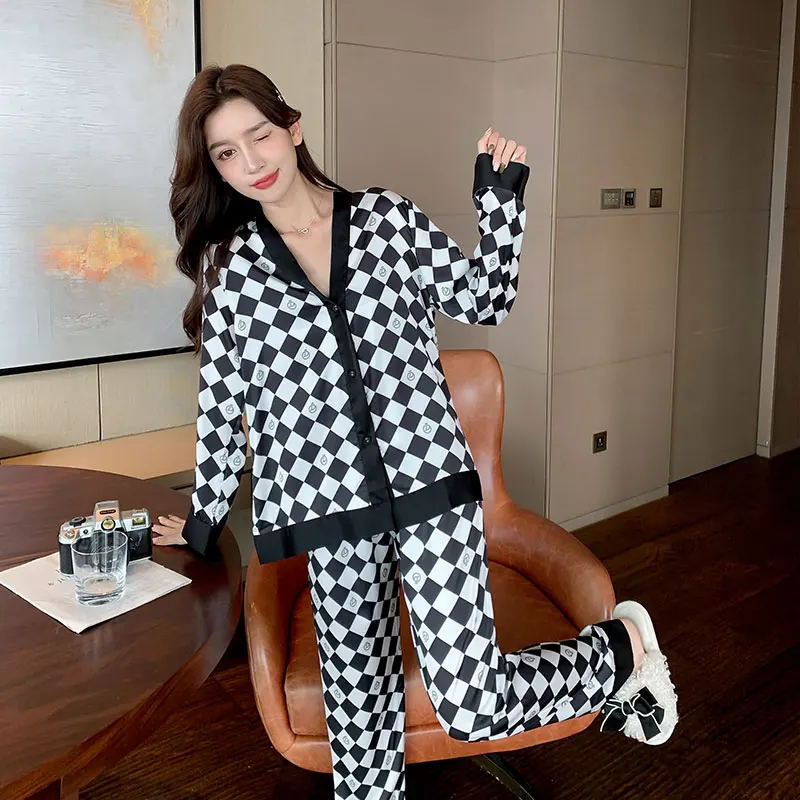 sutra tipis 2 buah bernapas lengan panjang raso lembut kotak-kotak surat pakaian santai  set piyama