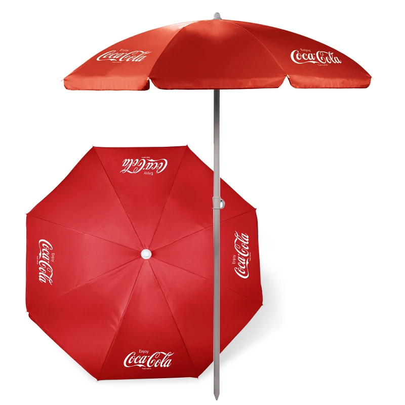 Wholesale Sunshade Red Customized Printed Coca Cola Branded Advertising Market Beach Umbrella Outdoor Parasol with Logo