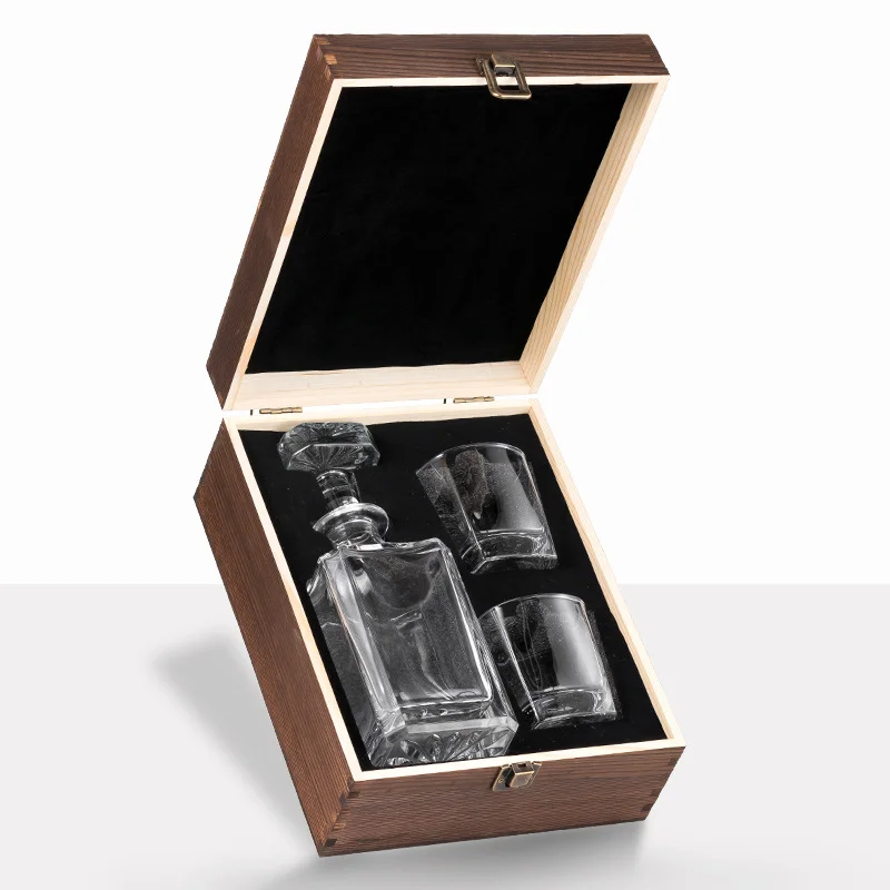 Custom Personalized Whiskey Decanter Set with Whisky Cooling Stones and Rock Glasses in Wooden Storage Box