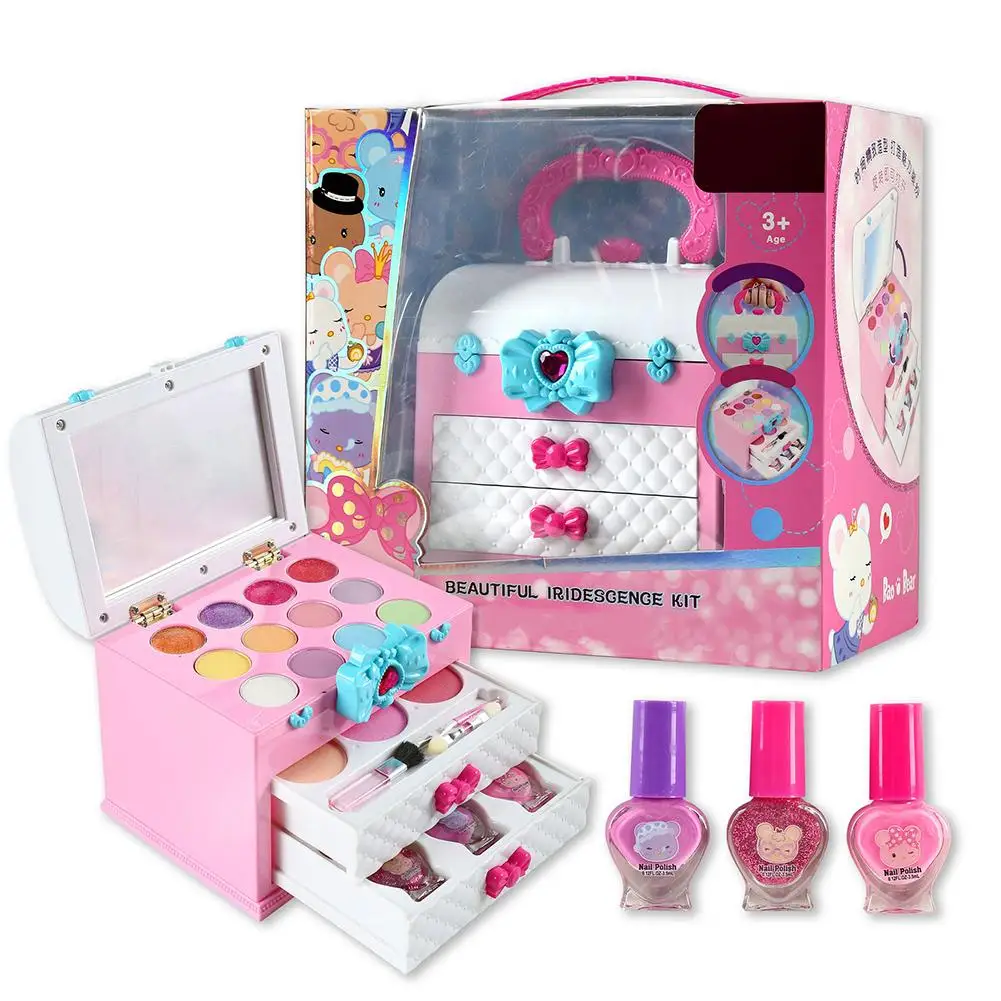 
Kids Makeup Toy Safety Non-toxic Princess Pretend Play Kid Cosmetic Kit Toy With Portable Travel Treasure Box for Girls Kids 