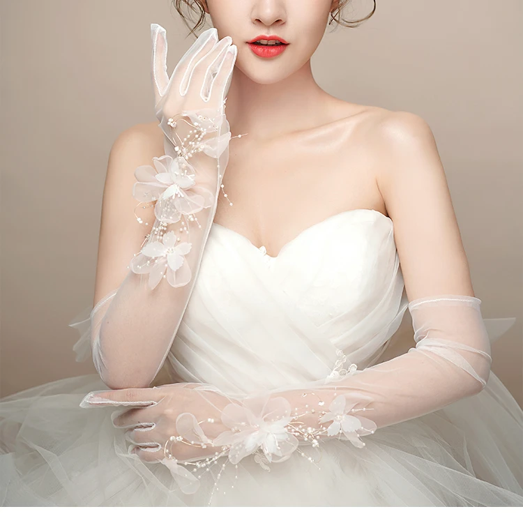 Feishiluo Luxury 3D Diamond Bead Bridal Gloves Wedding Party  Long Flower Bow Lace Gloves