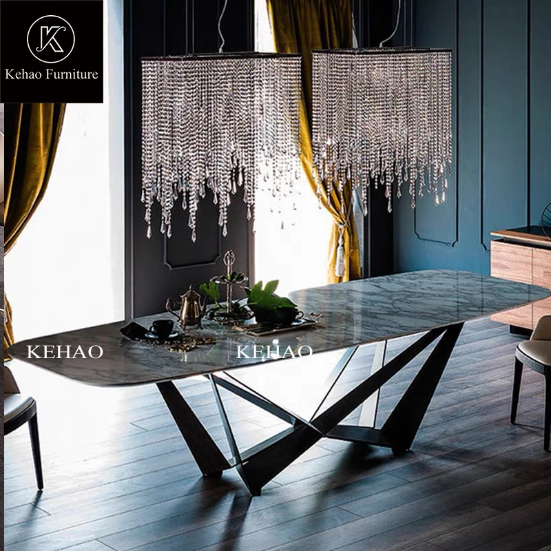 Italian Minimalistic Luxury Modern Dining Room Table Rectangular White Marble Dining Table Set Sintered Stone Top Dining Table