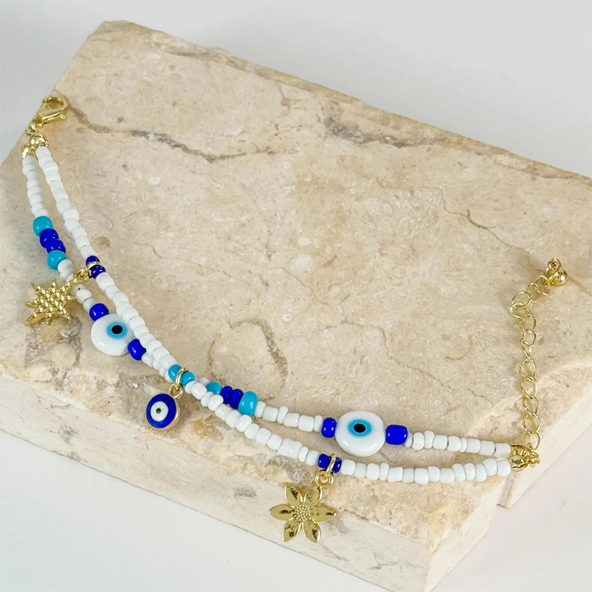 Unisex Bohemian Retro Three-Piece Gold Plated Alloy Bracelet Set Devil Eye Beaded Leaf Butterfly with Opal Beach Fashion Jewelry