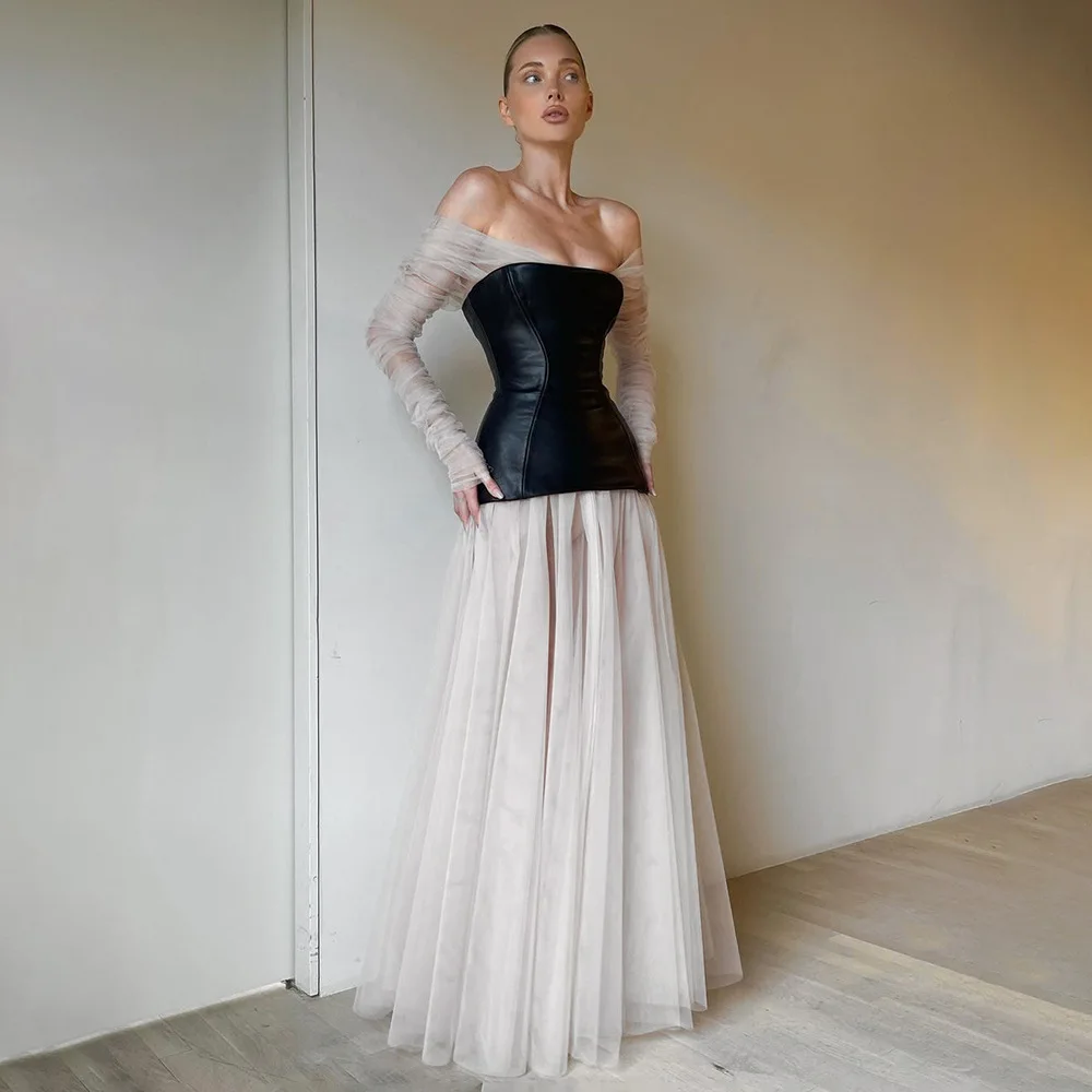 A8324 2023 Fashion Wedding Dress White Mesh Fit Waisted Pu Leather Patchwork Long Dress Women Maxi  Dress
