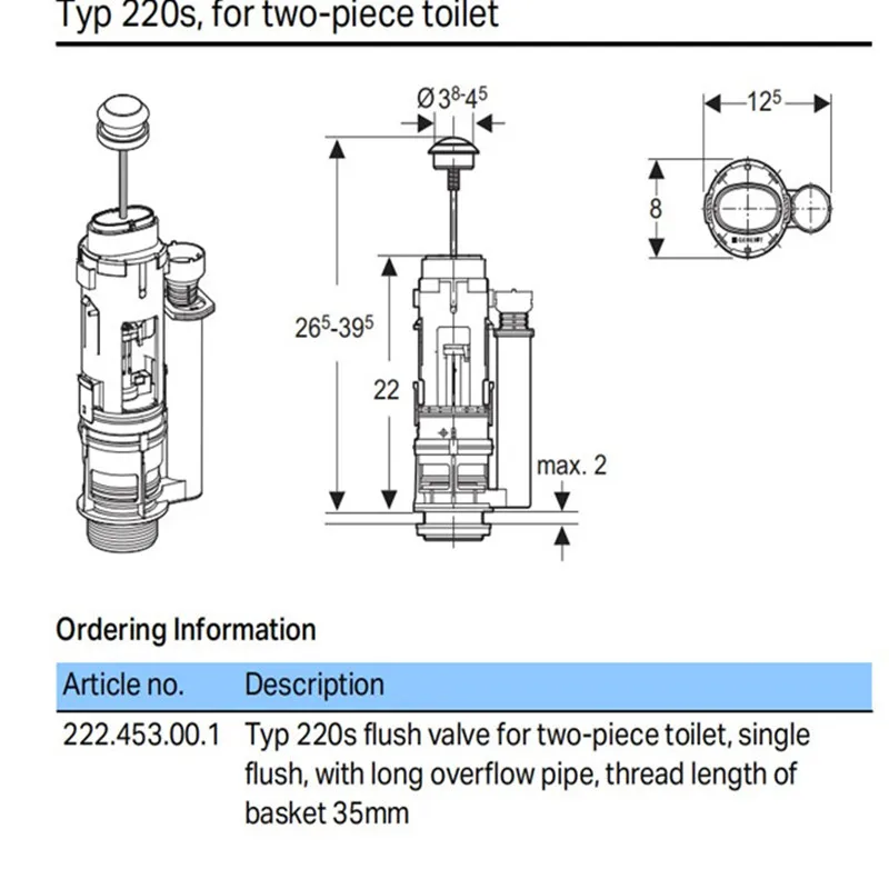 Typ220s GEBERIT Single Flush Valve Toilet Flusher Accessory Flushing Mechanism for toilet water tank