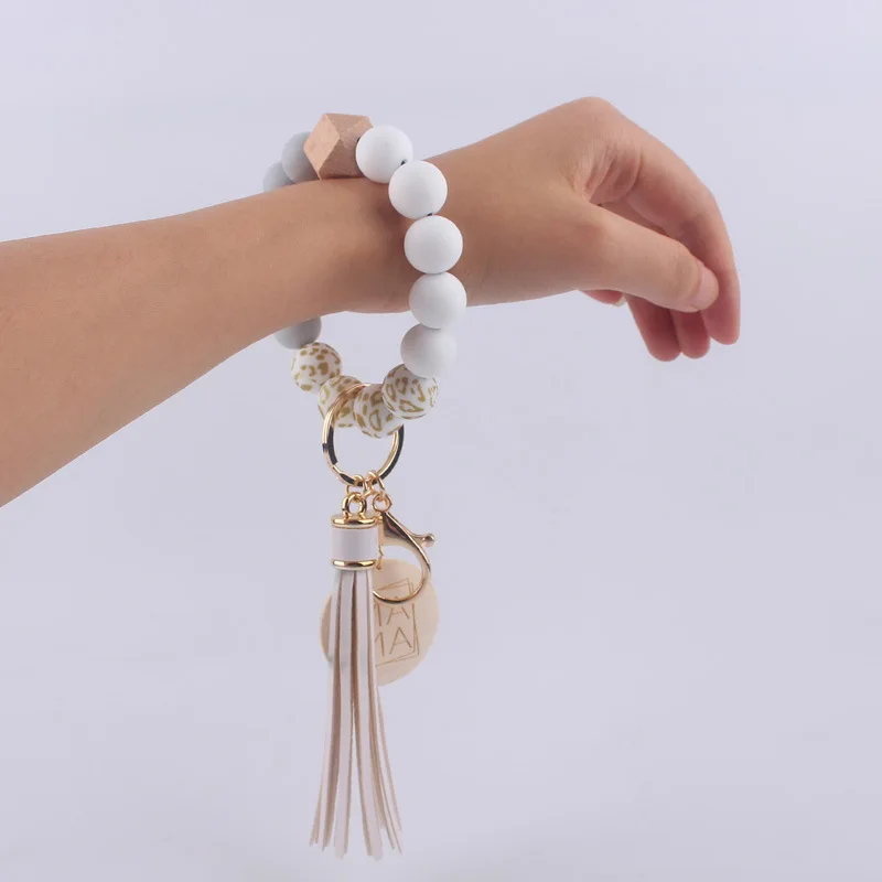 Silicone Beaded Wristlet Bangle ChainCute Key Ring Bracelet Car Key Chain Silicone Leopard Wristlet Keychain with Leather Tassel