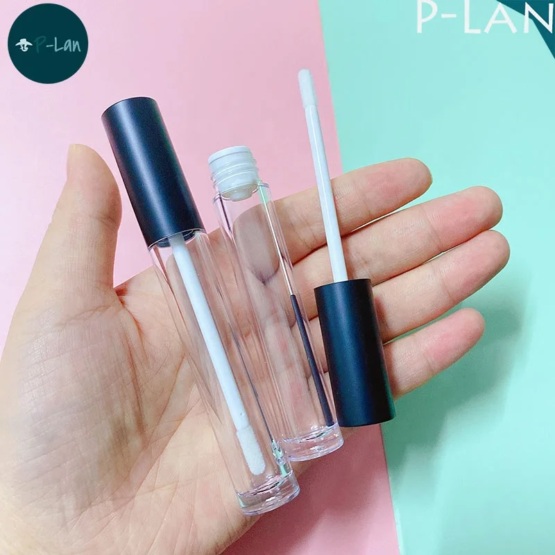 P-Lan Brand Stock 100pieces Custom Logo Round Plastic 6ml Matte Black Silver Gold Empty Lip Gloss Container Tubes With Stopper