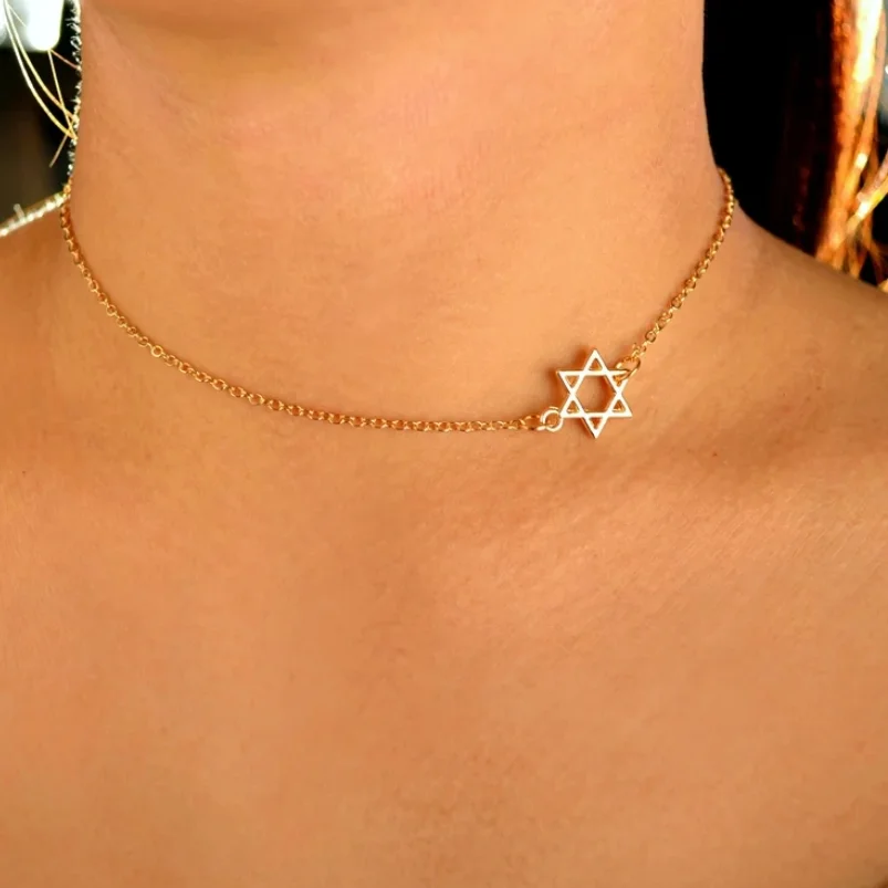 New Stock Arrival Dainty Jewish Star Necklace Choker Gold Plated Tarnish Free Stainless Steel Star Of David Necklace For Women