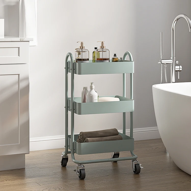 Bathroom Metal Folding Utility Cart, Foldable Rolling Kitchen Storage 3 Tier Trolley