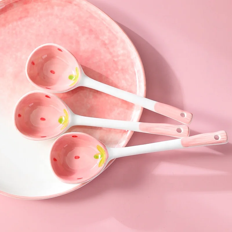 pink lovely cute strawberry coffee spoon long handle tea dessert ice cream ceramic spoons