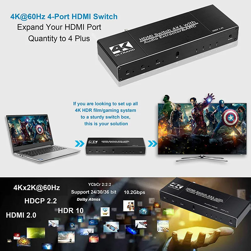 4K HDMI Switch 4port 4 In 1 Out HDMI2.0b Switcher 4x1 Audio Extractor ARC YUV4:2:0