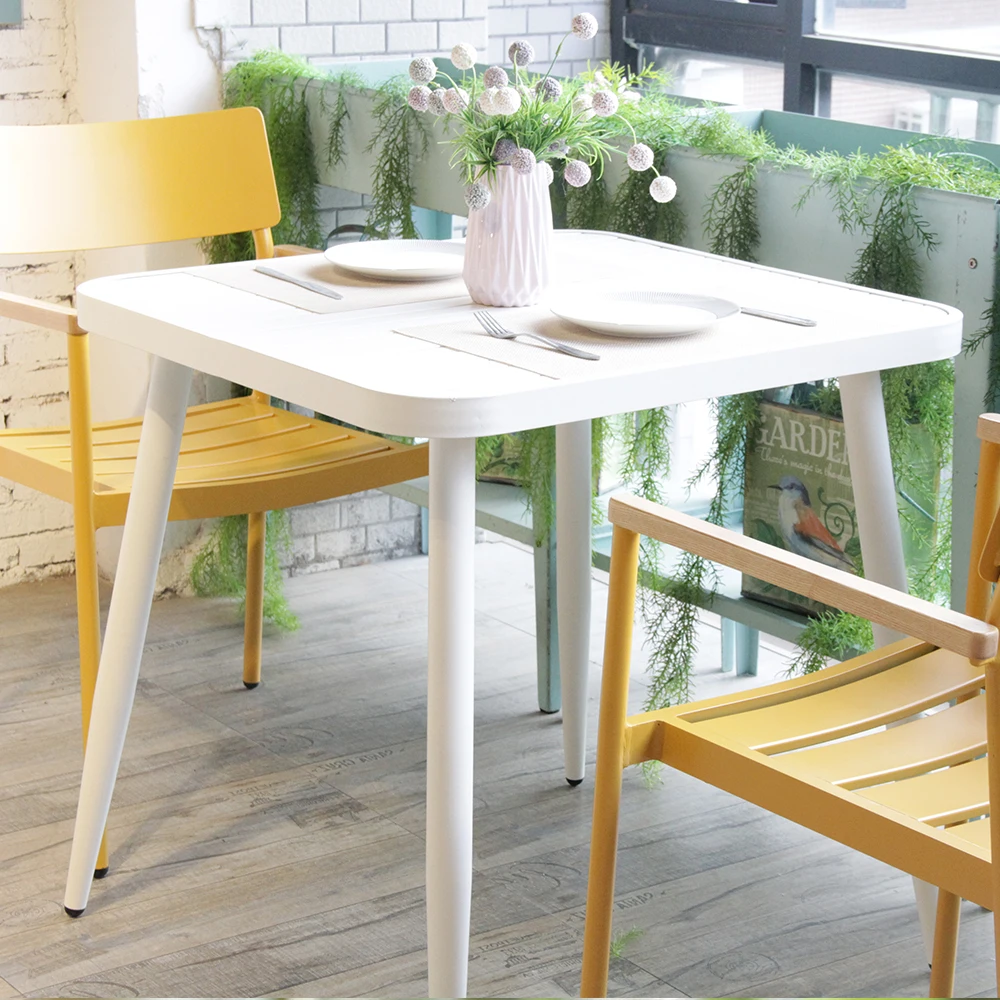 Hot Sale Hand Finish Outdoors Aluminum Metal Restaurant Cafe Bar Colorful Anti-abrasive Square Commercial Furniture Table