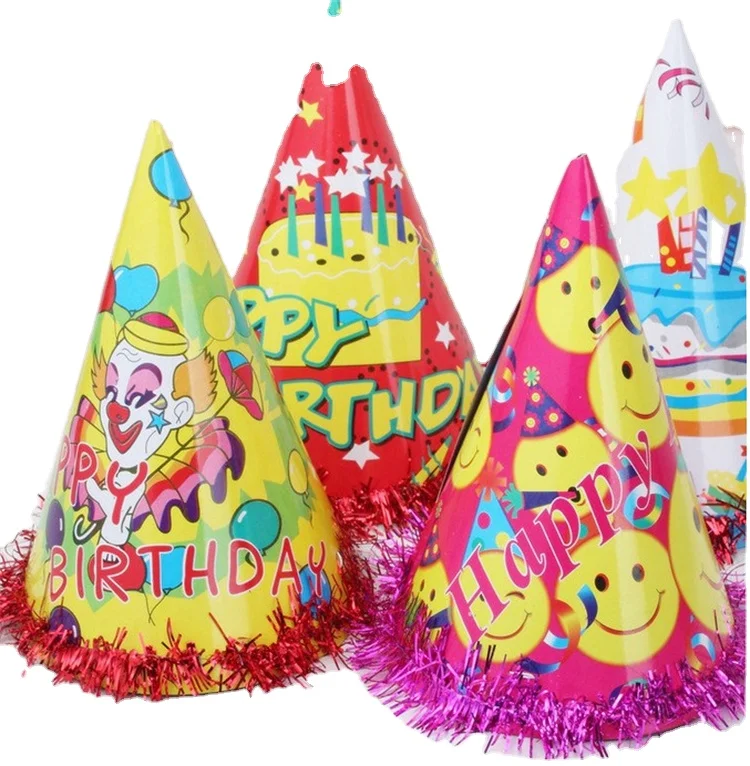 Ready to ship high quality cartoon silk paper cone hat ball birthday party