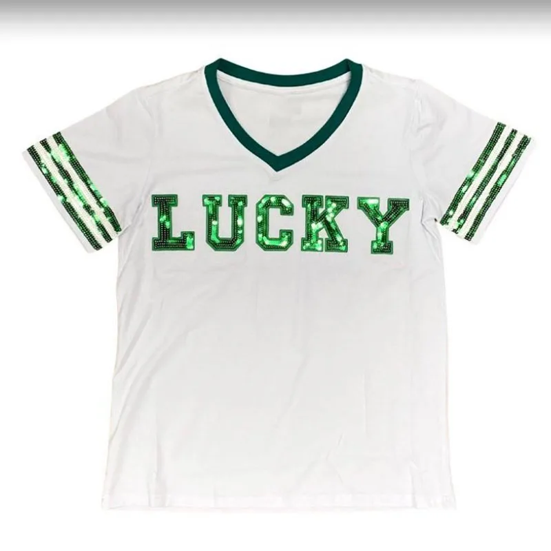 Wholesale Sequin Detail Game Day T-shirt Custom Logo Womens Sequin V Neck Top Sequin Lucky V-Neck Tee
