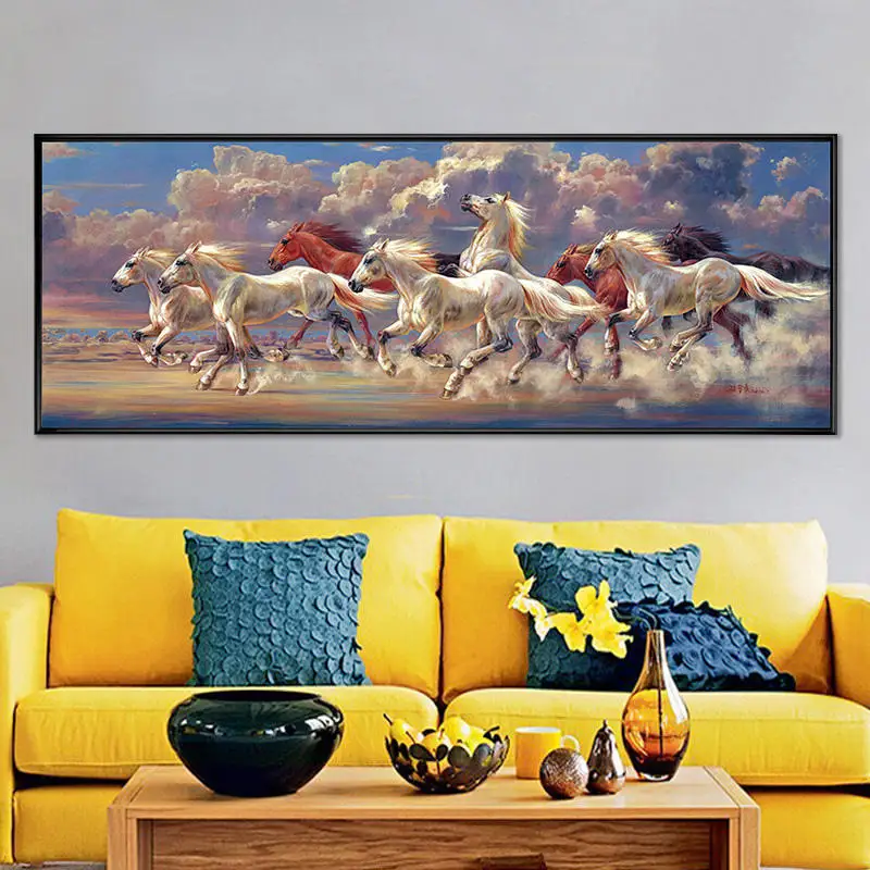 Custom wall art eight running horses picture crystal porcelain glass living room wall painting