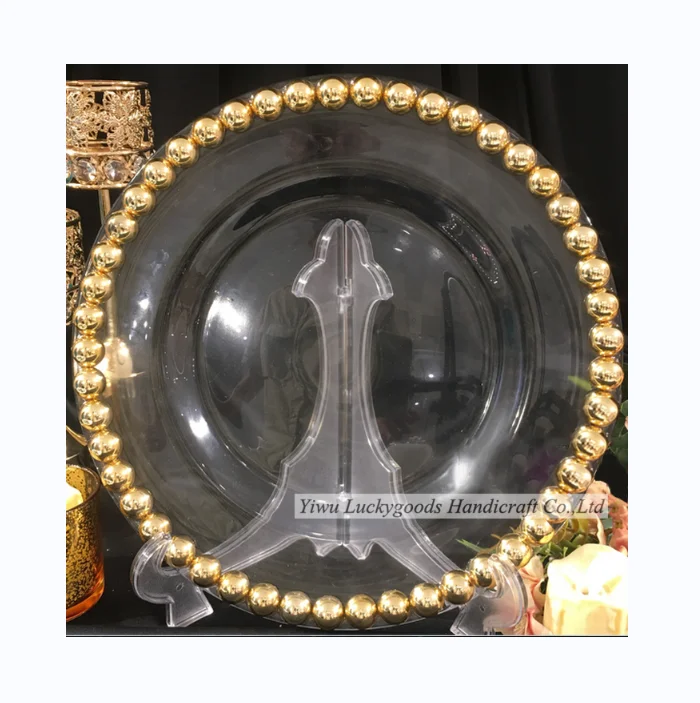 BL210610-1 Glass round wedding table use wholesale beaded charger plate gold rim