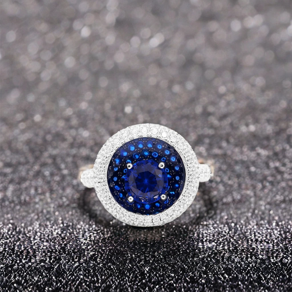 Luxury 925 Sterling Silver Party Ring with Blue Synthetic Zircon 18K Enamel Brilliant Cut Diamond CNAS Certified Anniversary