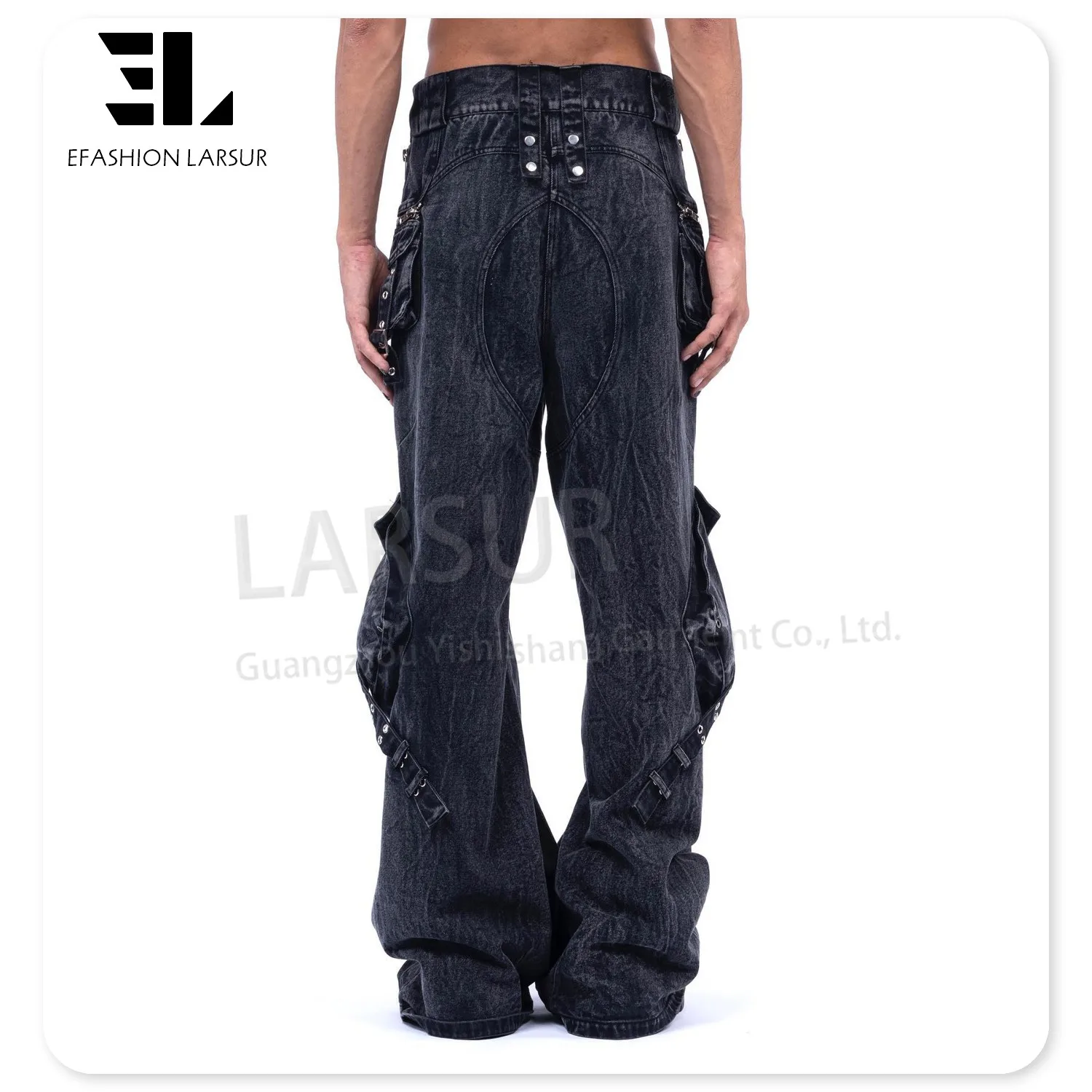 LARSUR Custom denim factory stone washed heavy cargo jeans men with multi pocket baggy wide distress flare cargo denim pants