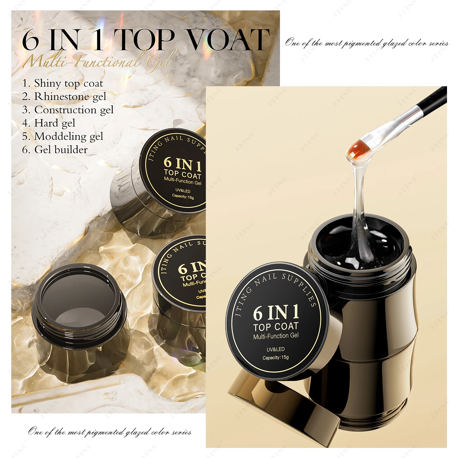 JTING 6in1 Multifunction Gel Shiny Hard Top Coat Various Effect Construction Builder Modelling Leveling Nail Polish