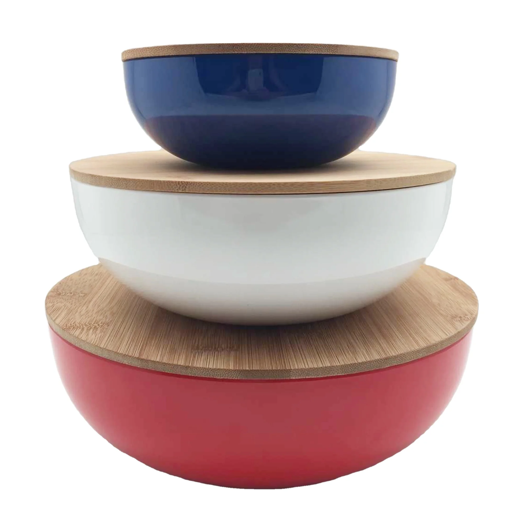 
three-piece set of melamine mixing bowls in salad bowls with bamboo LIDS 