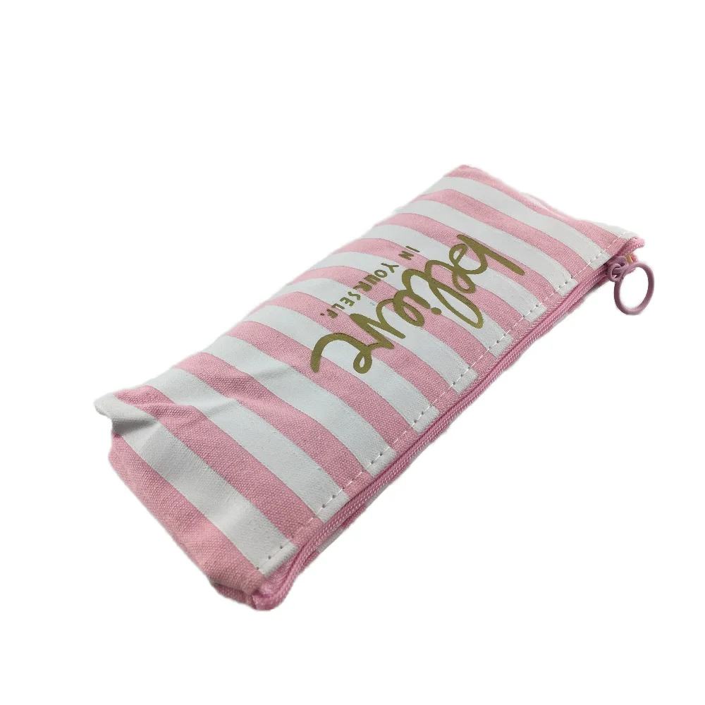 Cute Pink and White Stripe Printed Canvas Pencil Case with Zipper Closure Student Pencil Bag