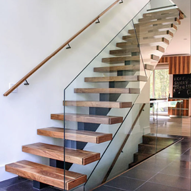 Prefabricated stairs outdoor elegant solid wood staircase with glass railing