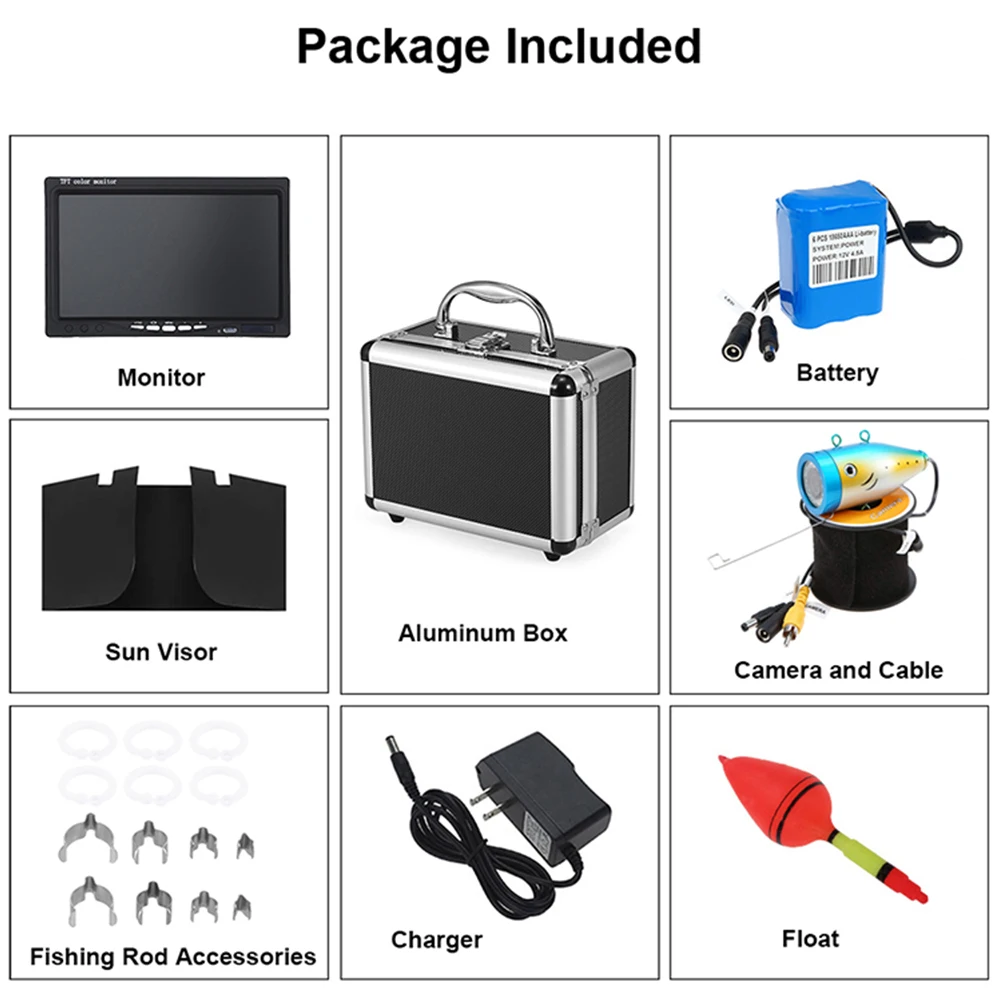 15m Cable 7' 1000tvl Fish Finder Underwater Fishing Detector Portable Fish Finder with 12pcs LED Lights