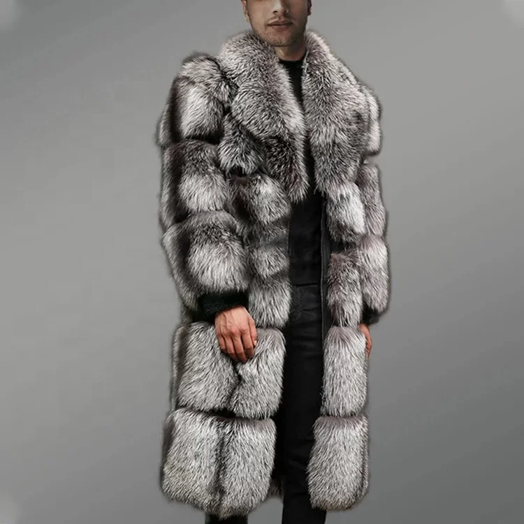 OEM  Winter Warm Custom Artificial Fleece Fur Jacket Thick Mens Faux Fur Long Block Pattern Silver Fox Fur Coat