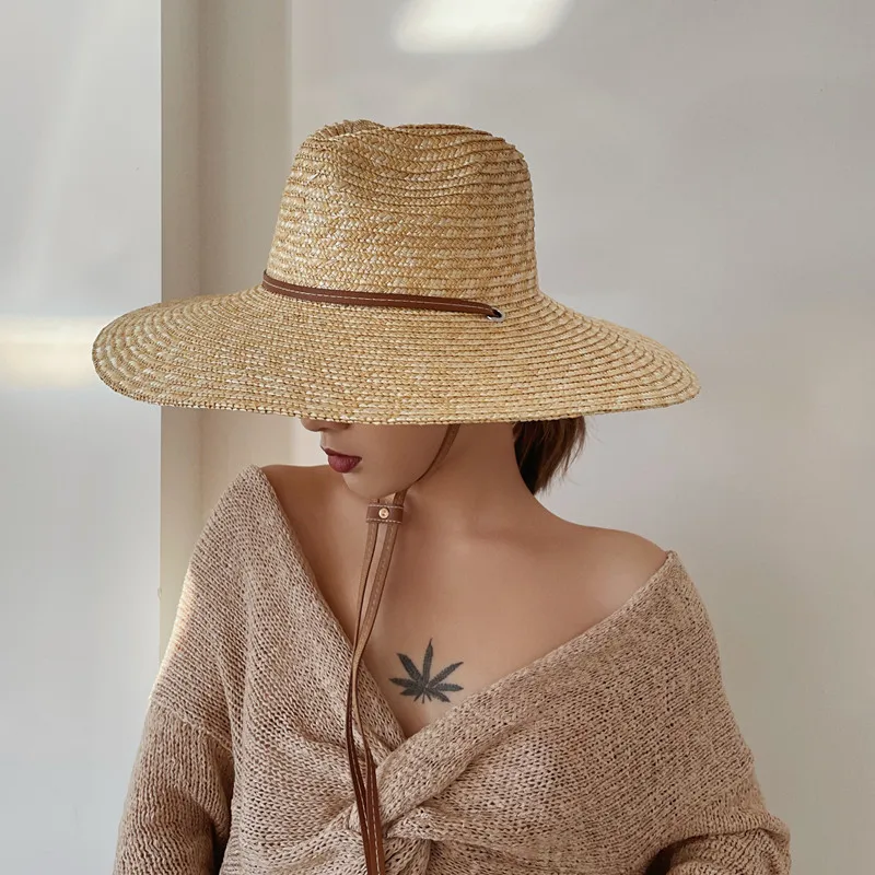 LYNGUU Fashion High Quality Wide Brim Sunscreen Natural Wheat Straw Panama Hat Summer Women