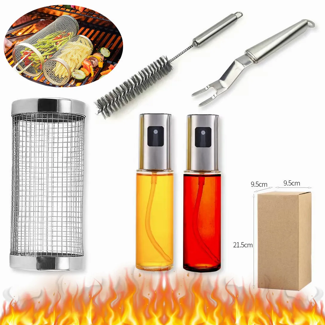 304 Stainless Steel Barbecue Tools Cylinder Round Wire Mesh Rack Net Tube BBQ Grill Basket Rolling Grilling With Oil Sprayer