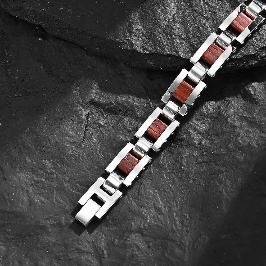 High Polished Men Stainless Steel With Wood Inlay Bracelets Custom Fine Bangles Bracelet Mens