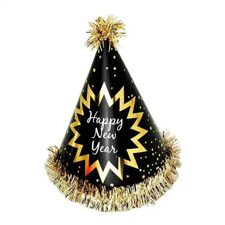 Gold Black Silver Happy New Year 2025 foil Paper caps Hats with tinsel fringe photo props for New Year eve Party decor supplies