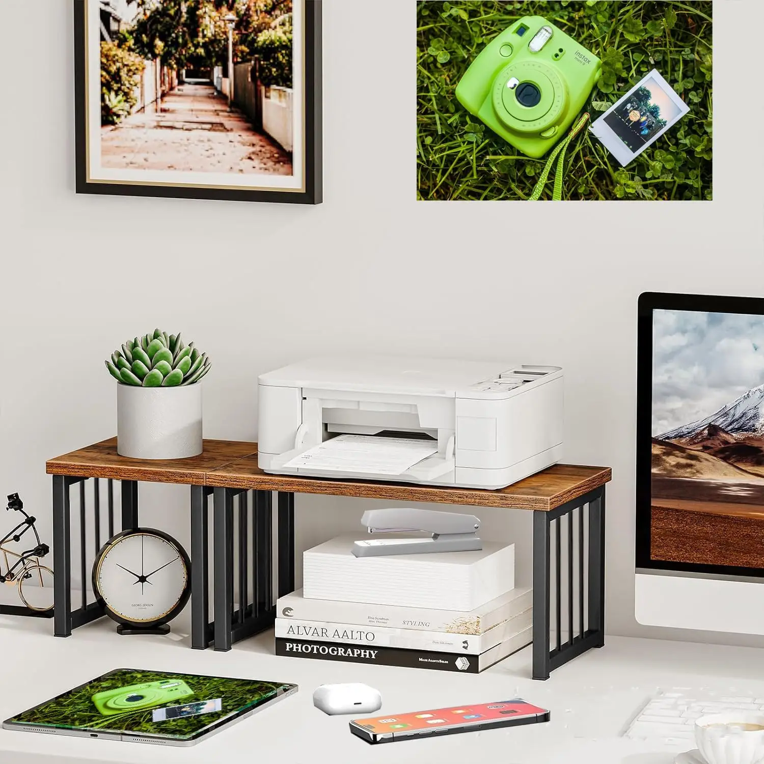 Customized wooden mini desktop stackable and adjustable small desk bookshelf printer monitor stand for study living room