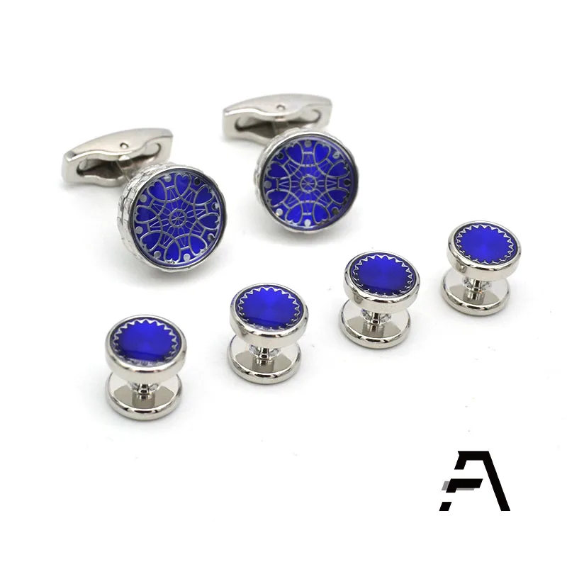 Classic Blue Mens 6pcs Cufflinks and Studs Set