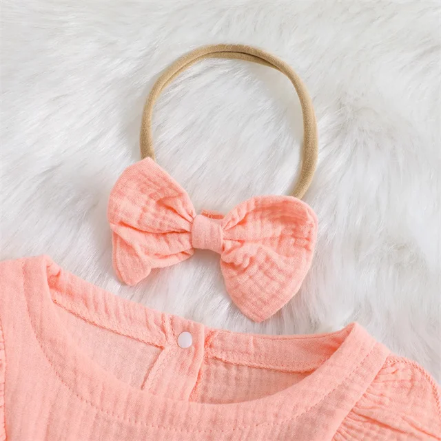 Autumn Casual Outfits Cotton Linen Solid Ruffle Long Sleeves A-Line  Headband Toddler Girls Toddler Suspender Skirt