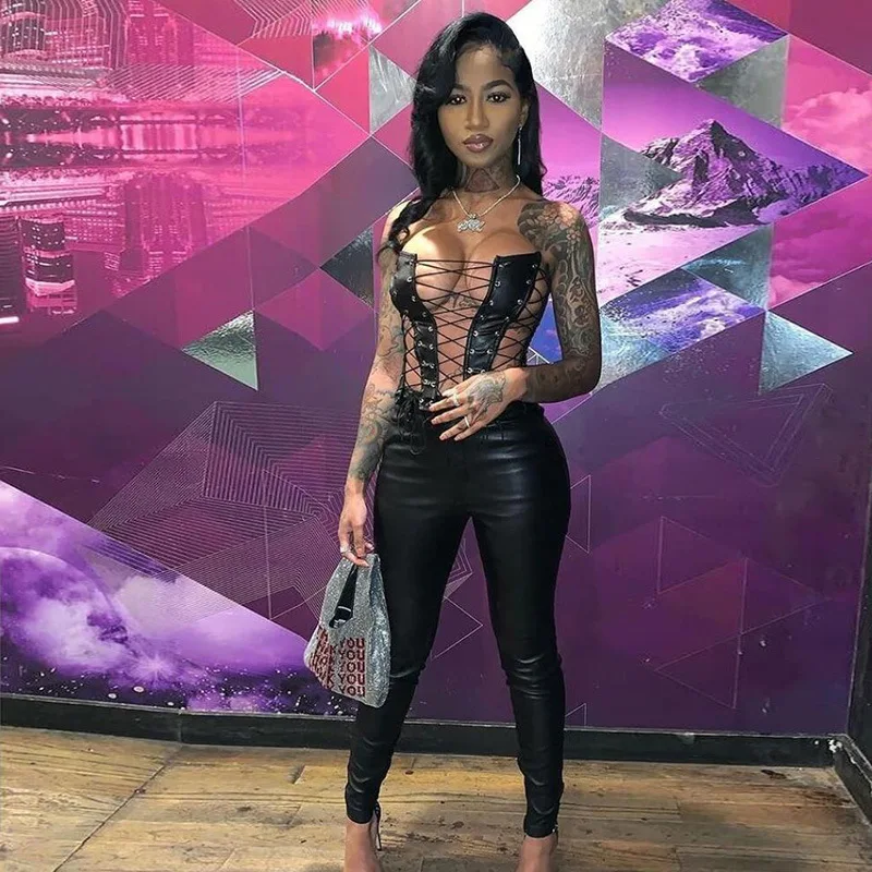 
Hollow Out Sexy Low Cut Bandage tops womens Fishbone Fuax Leather Corset Top 