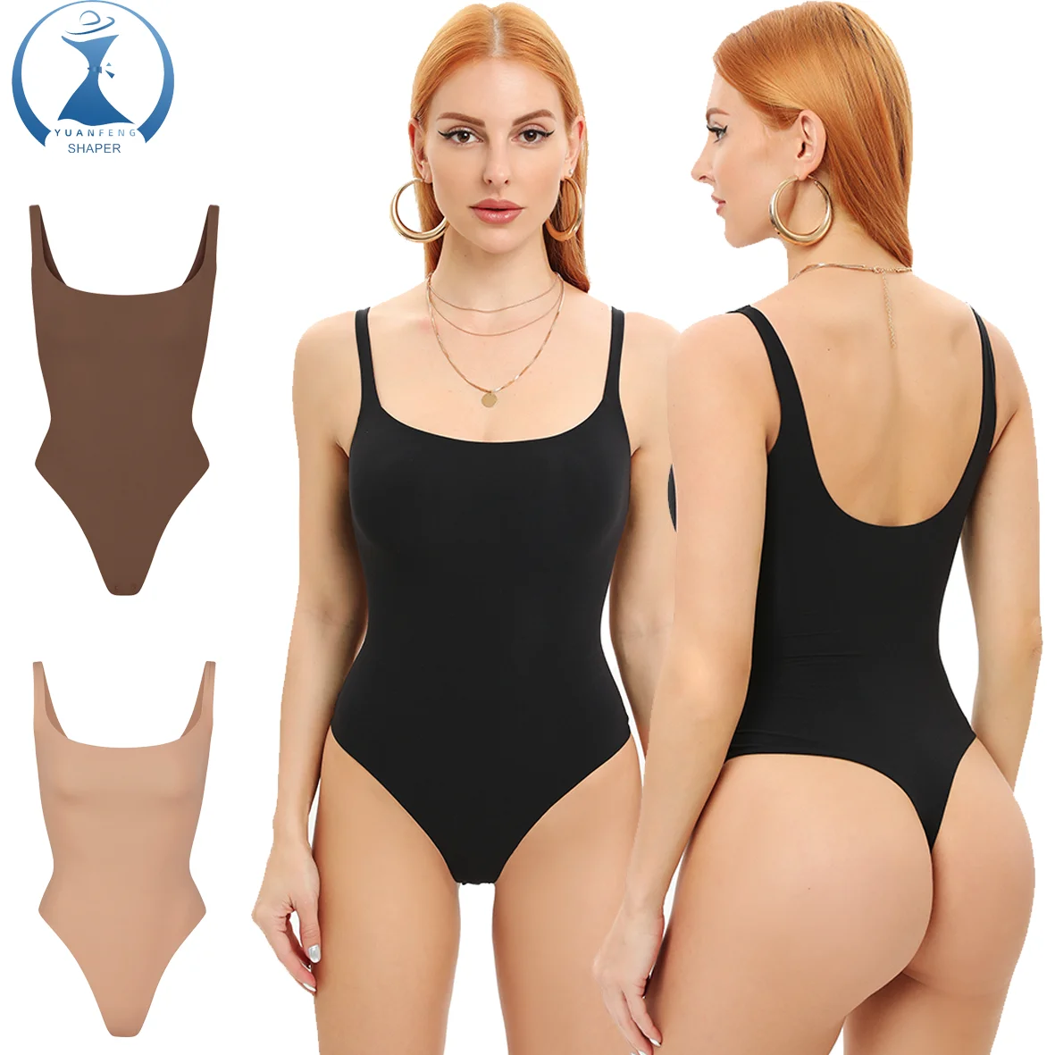 YUANFENG private label print 2 layers high compression Bodysuits Jumpsuit One Piece Open Back Skimmer Jumpsuit shaper For Women