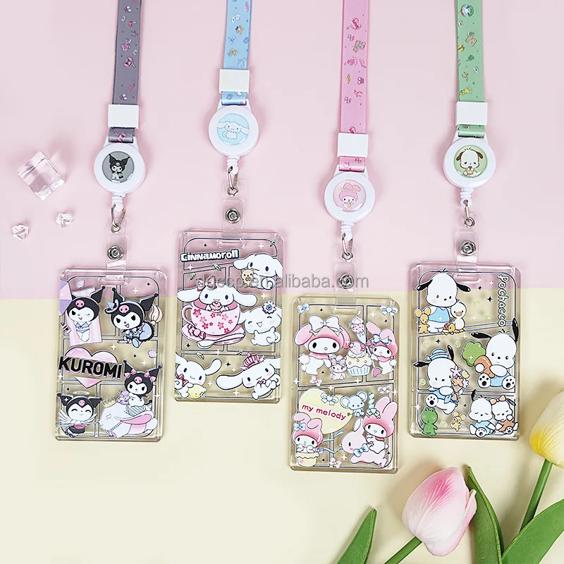 Cute Cartoon transparent sanrios Cinnamoroll dog Card Holder Lanyard Anti-Lost Name Badge Bus Work ID Card Case with Lanyard