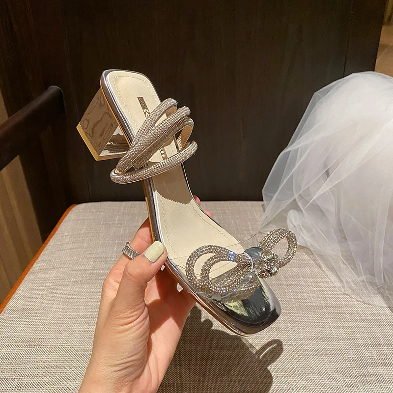 New Rhinestone Bowknot Women Sandals PVC Jelly Transparent Perspex High Heels Summer Sexy Square toe Ankle Buckle Strap Shoes