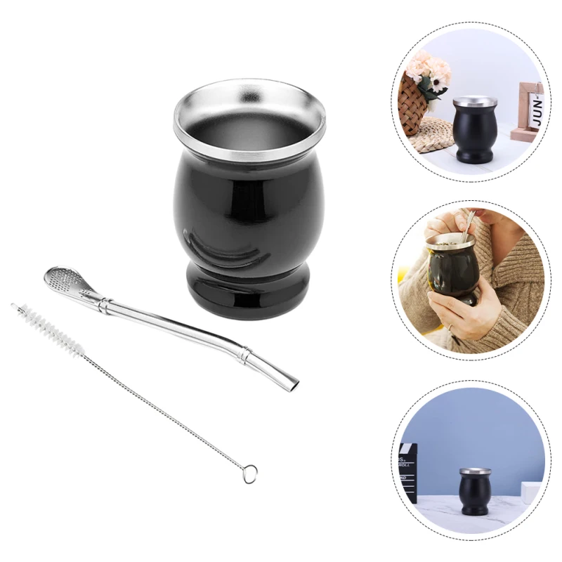 Argentine Tea Cup 230ML Stainless Steel Double Wall Yerba Mate Gourd Cup With Bombilla straw