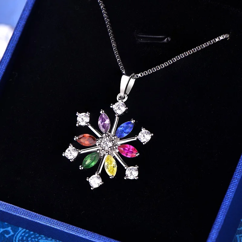 Fashion Zircon Crystal Snowflake women jewelry cz snowflake charm birthstone pendant necklace