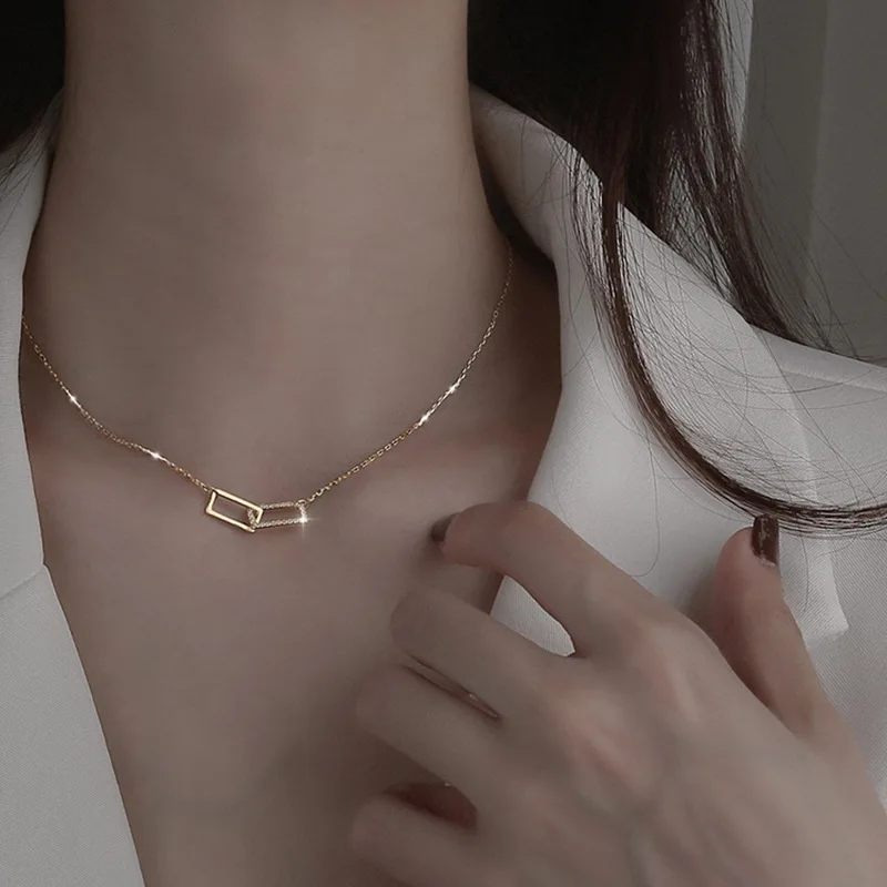 
2021 Hot Selling Jewelry Geometric Cz Circle Necklaces 18k Gold Plating Double Square Circles Link Chain Necklaces 