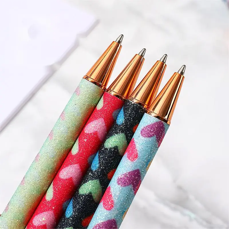Sparkly Ballpoint Pens Fancy Glitter Heart Print Pens Metal Black Ink Pretty For Women Girls Ladies School Party Office Birthday