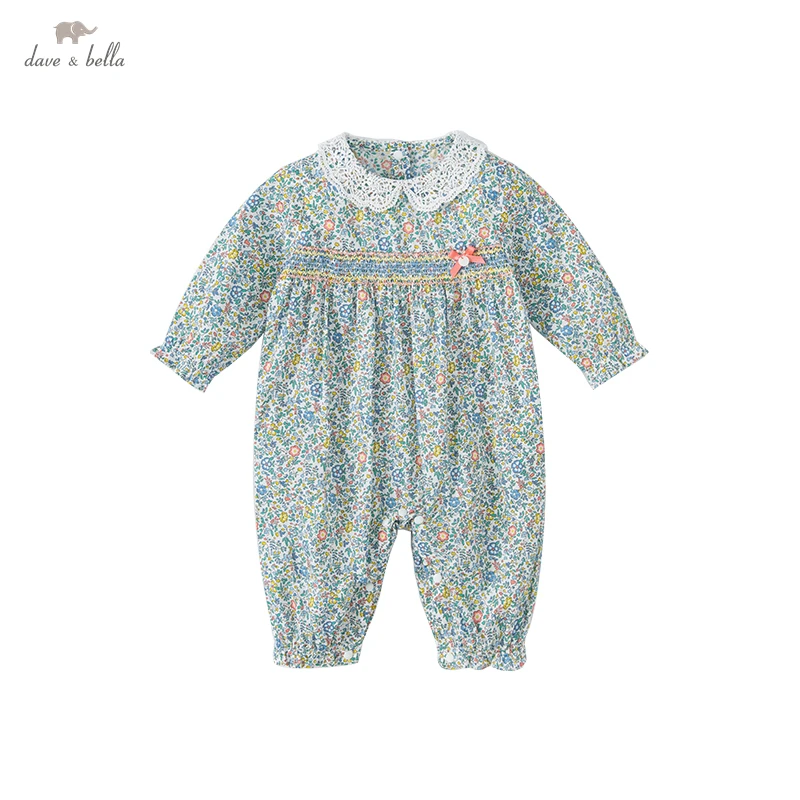 DB1220518  dave bella spring new born baby girls fashion cartoon plaid jumpsuits infant toddler clothes children romper 1 piece