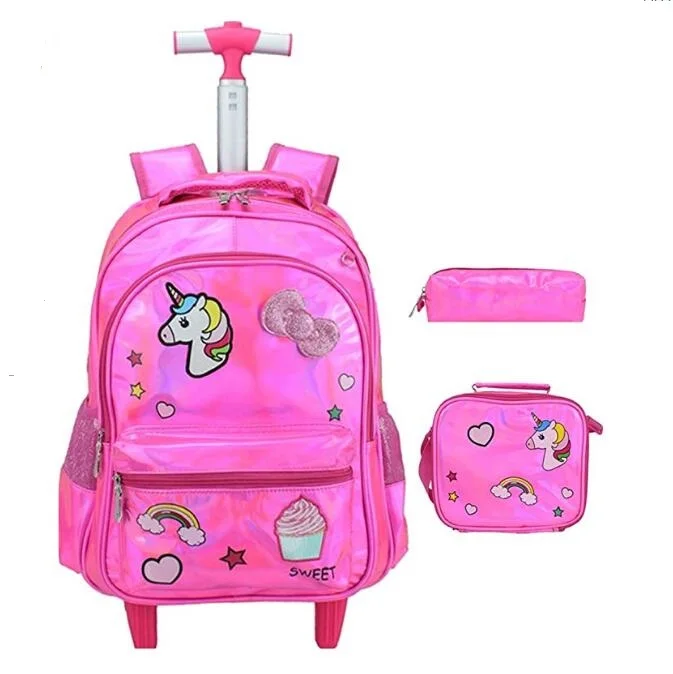 3 piece school bag Girls kids Rolling Backpack Kids Backpack with Wheels for Unicorn School Bags with Lunch Box