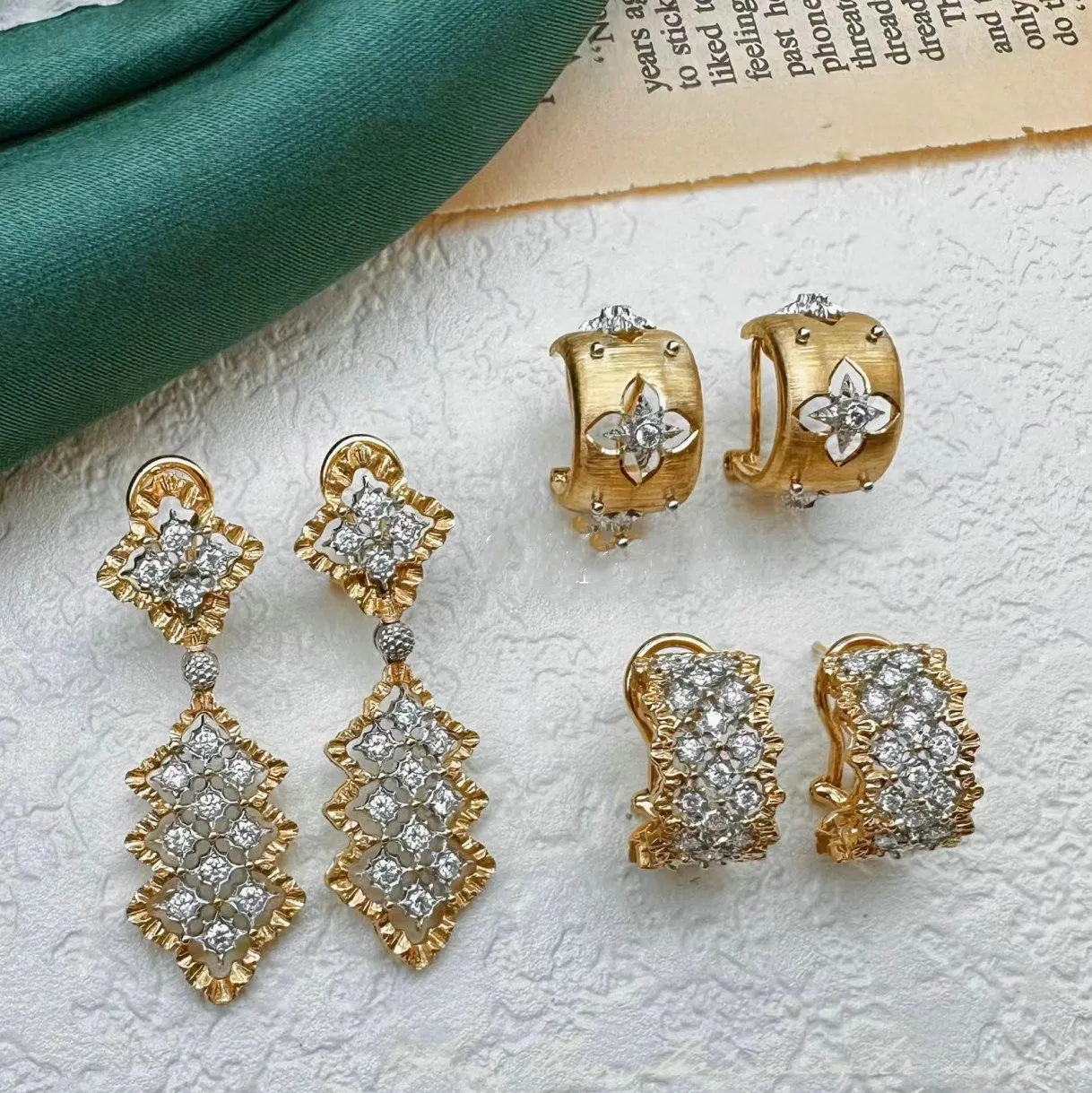 Luxury Atmospheric Flowers Geometric Stud Earrings Women Trendy Silver Plated Brass Jewelry Emerald Cut Diamond Anniversaries