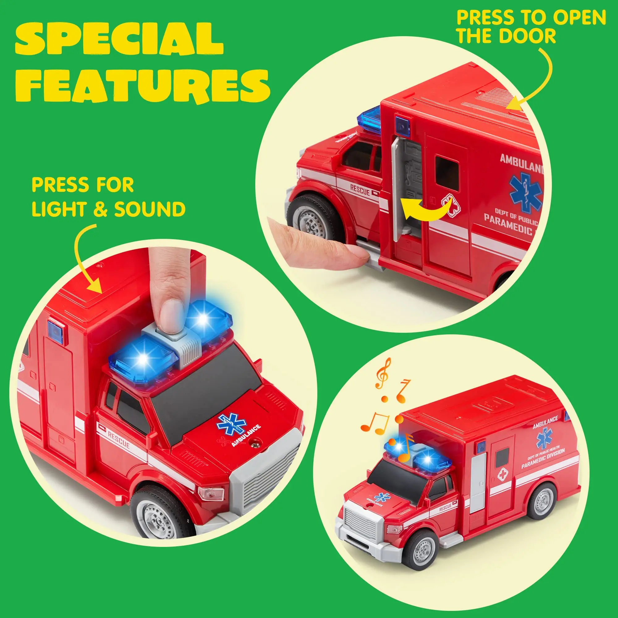 Toddlers Cars with Lights and Siren Sound, Including Play Police Car, School Bus, Toy Garbage Truck, Ambulance Toy,