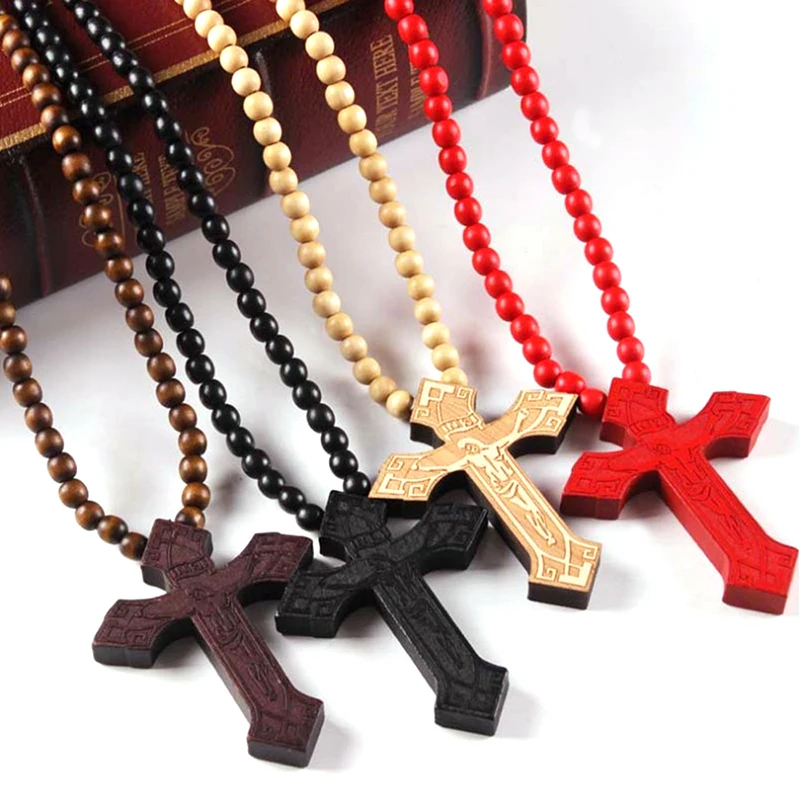 Pendant Necklace Beaded Necklaces Fashion Jewelry Wholesale Custom Cross Wood Religious Wooden Jewelry 40g 90cm