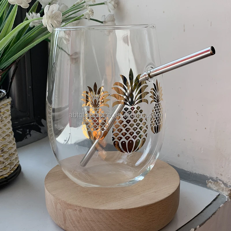 Custom logo Borosilicate Wine Glass cup with straw dishwasher safe
