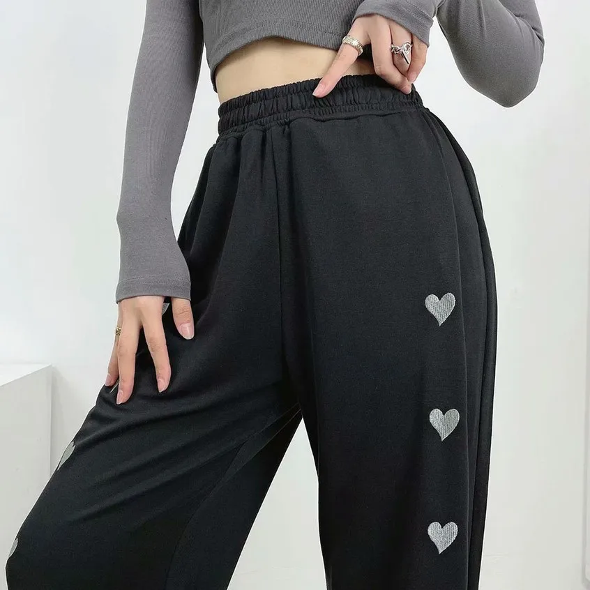 Women Sports Sweatpants High Waist Heart Embroidery Drawstring Straight Trousers Fashion Casual Women Wide Leg Pants